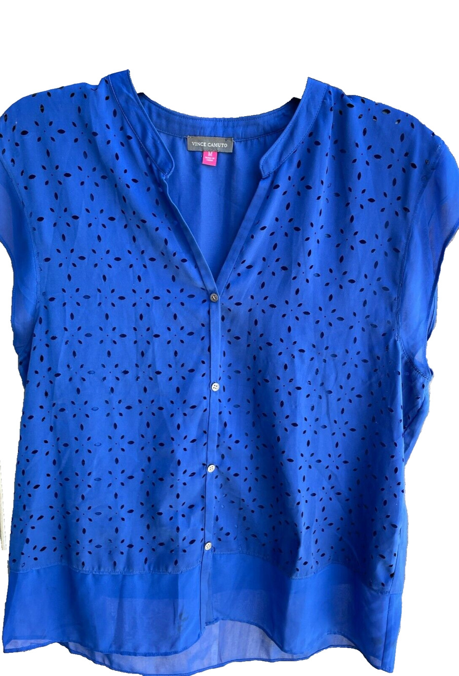 Vince Camuto Royal Blue Sleeveless V-Neck Top Sheer Hem Floral Cutout Luxury M
